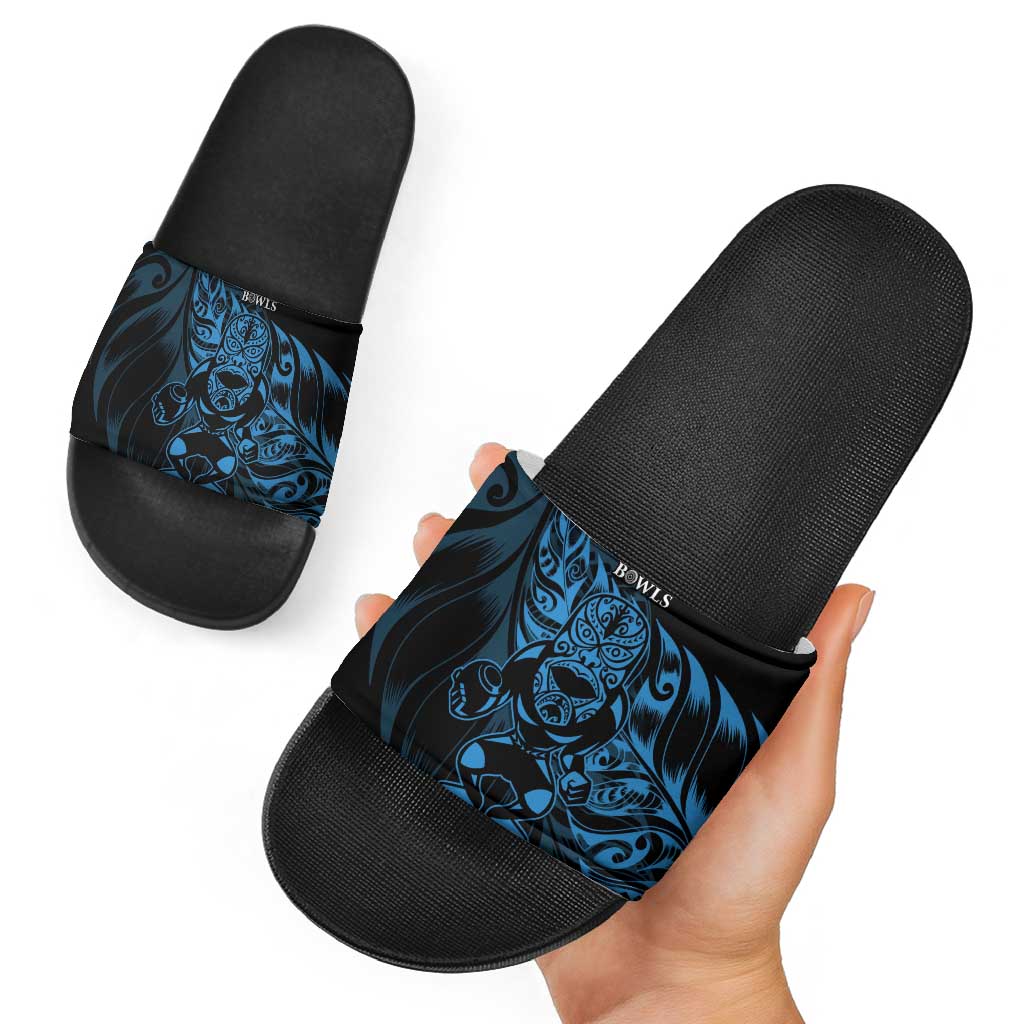 New Zealand Lawn Bowls Slide Sandals Blue Maori Warrior Tribal Silver Fern - Aussie Hoodie