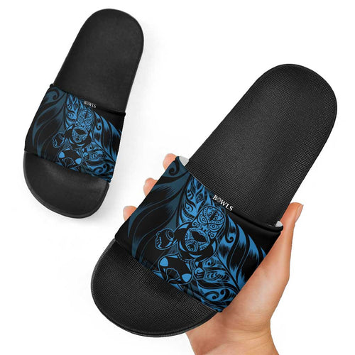 New Zealand Lawn Bowls Slide Sandals Blue Maori Warrior Tribal Silver Fern - Aussie Hoodie