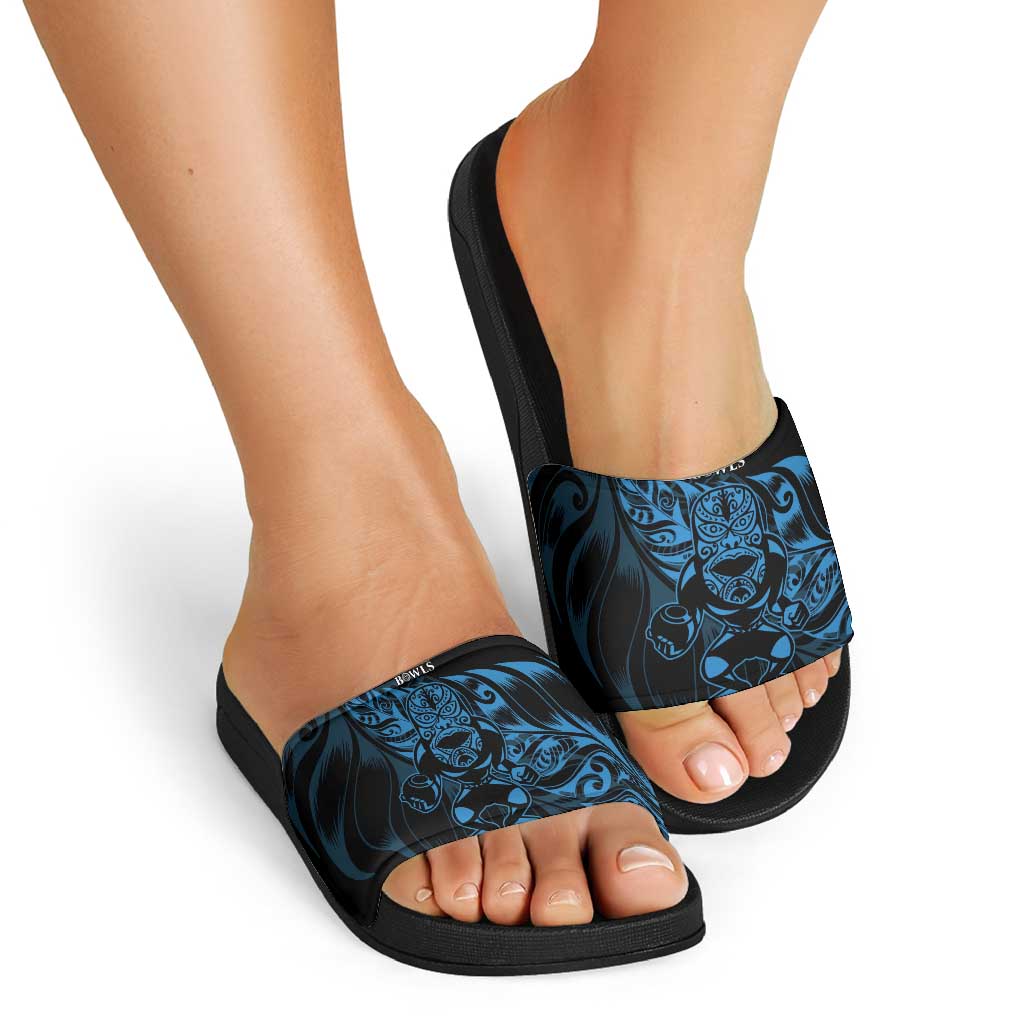 New Zealand Lawn Bowls Slide Sandals Blue Maori Warrior Tribal Silver Fern - Aussie Hoodie