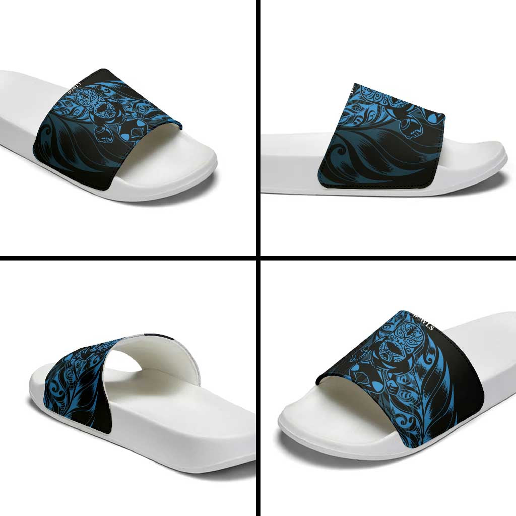New Zealand Lawn Bowls Slide Sandals Blue Maori Warrior Tribal Silver Fern - Aussie Hoodie