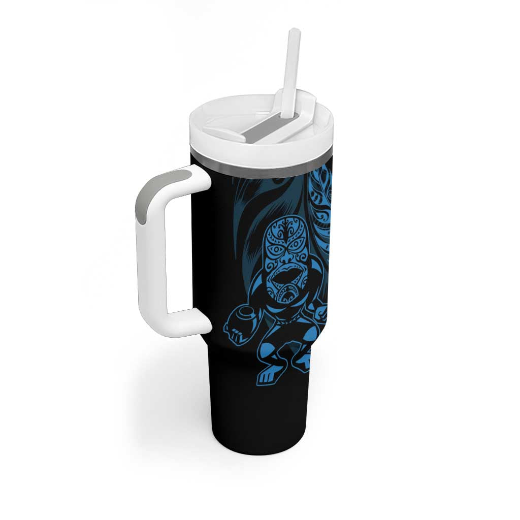 New Zealand Lawn Bowls Custom Tumbler With Handle Blue Maori Warrior Tribal Silver Fern - Aussie Hoodie