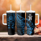New Zealand Lawn Bowls Custom Tumbler With Handle Blue Maori Warrior Tribal Silver Fern - Aussie Hoodie