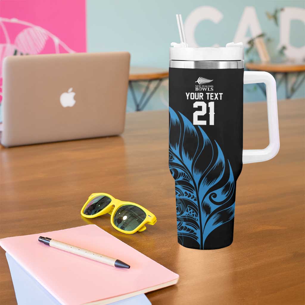 New Zealand Lawn Bowls Custom Tumbler With Handle Blue Maori Warrior Tribal Silver Fern - Aussie Hoodie