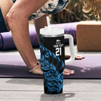 New Zealand Lawn Bowls Custom Tumbler With Handle Blue Maori Warrior Tribal Silver Fern - Aussie Hoodie