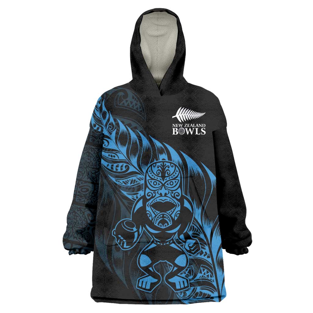 New Zealand Lawn Bowls Custom Wearable Blanket Hoodie Blue Maori Warrior Tribal Silver Fern - Aussie Hoodie