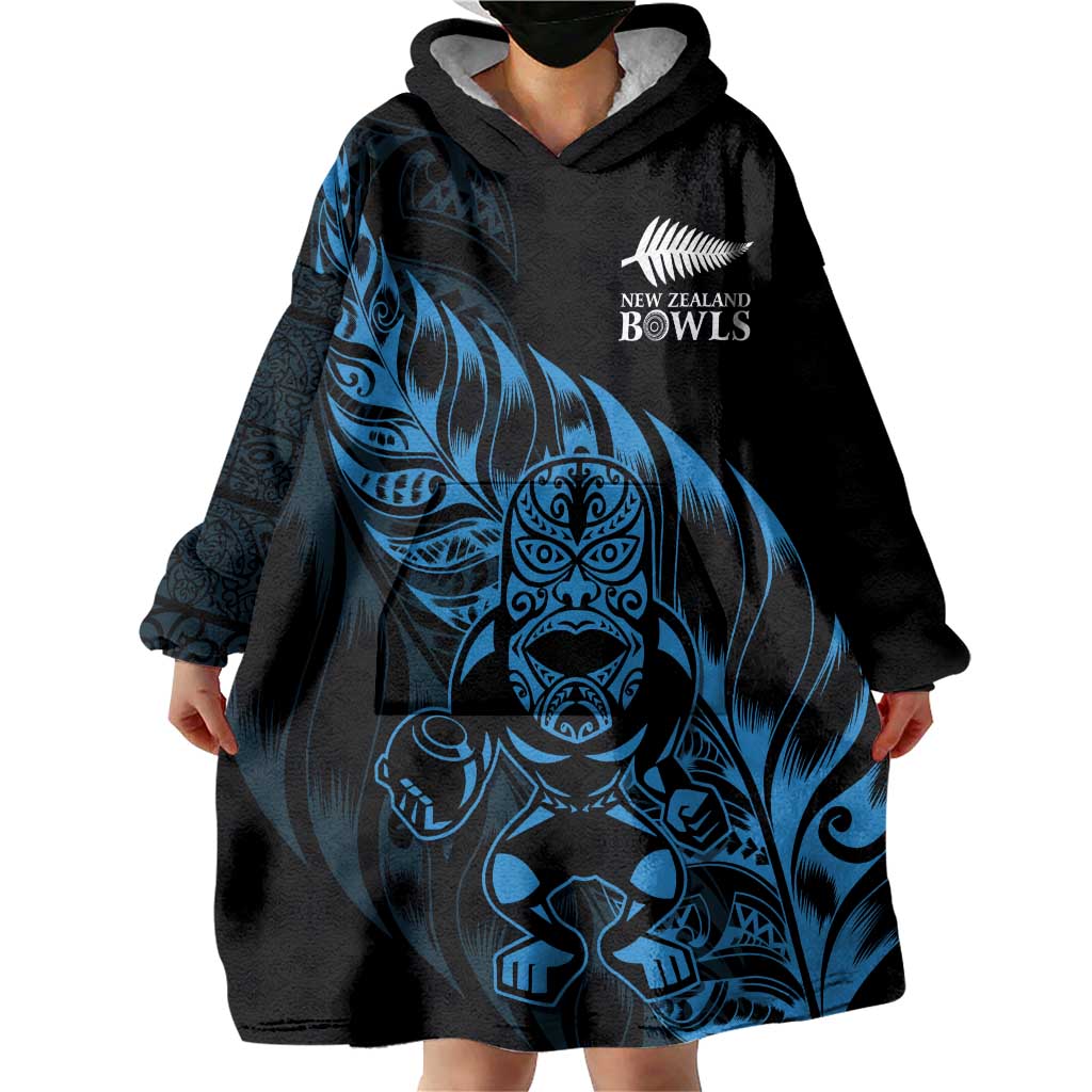 New Zealand Lawn Bowls Custom Wearable Blanket Hoodie Blue Maori Warrior Tribal Silver Fern - Aussie Hoodie