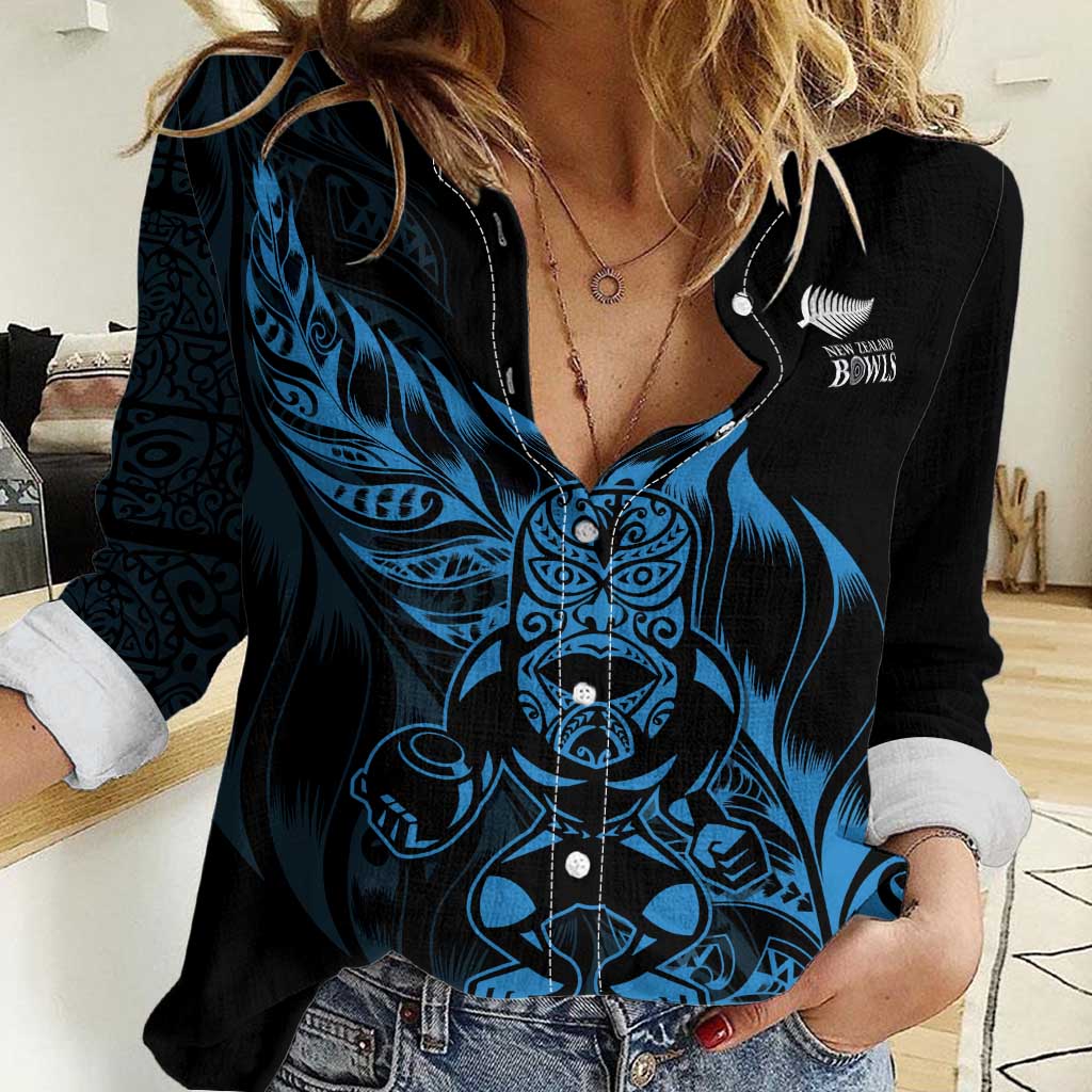 New Zealand Lawn Bowls Custom Women Casual Shirt Blue Maori Warrior Tribal Silver Fern - Aussie Hoodie