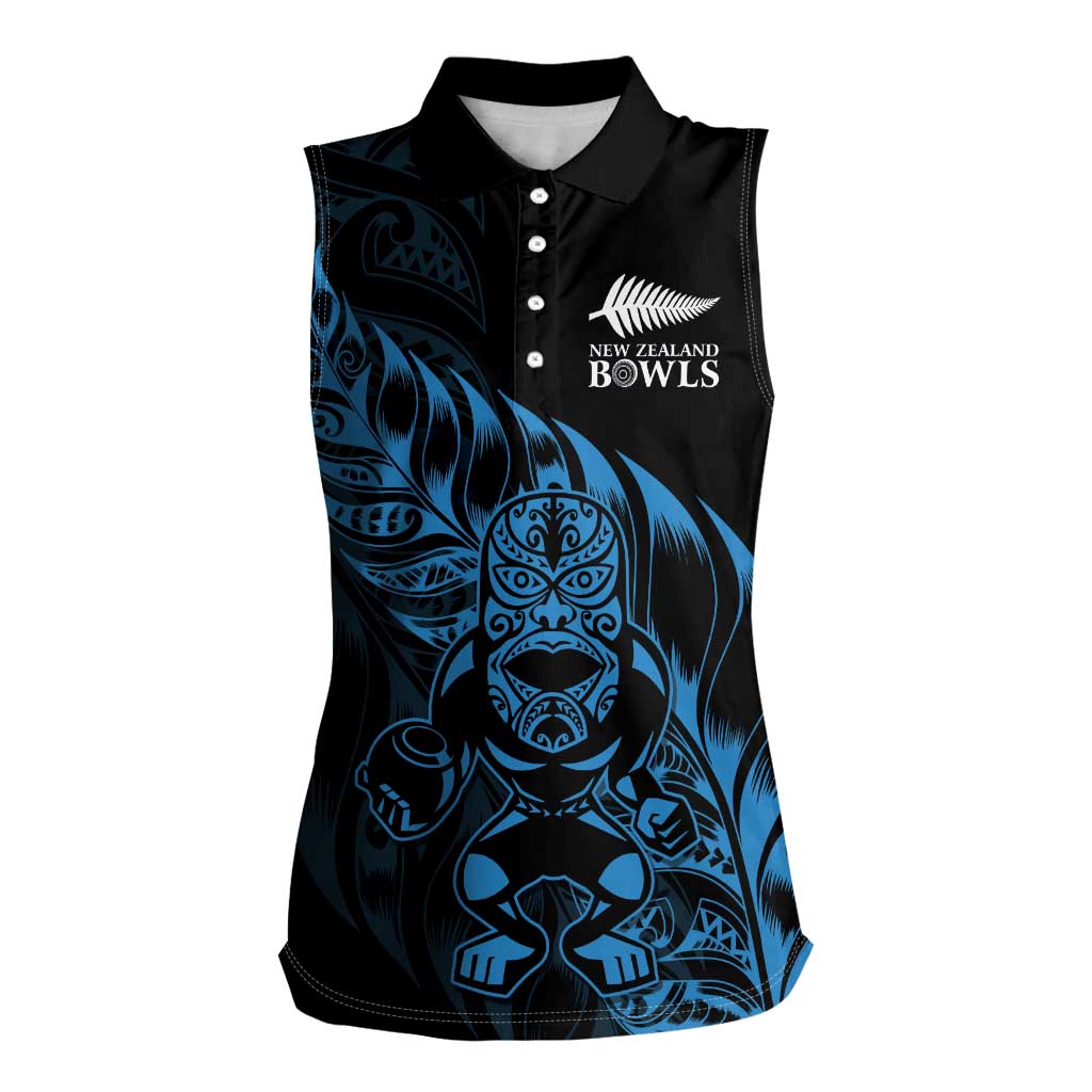 New Zealand Lawn Bowls Custom Women Sleeveless Polo Shirt Blue Maori Warrior Tribal Silver Fern - Aussie Hoodie
