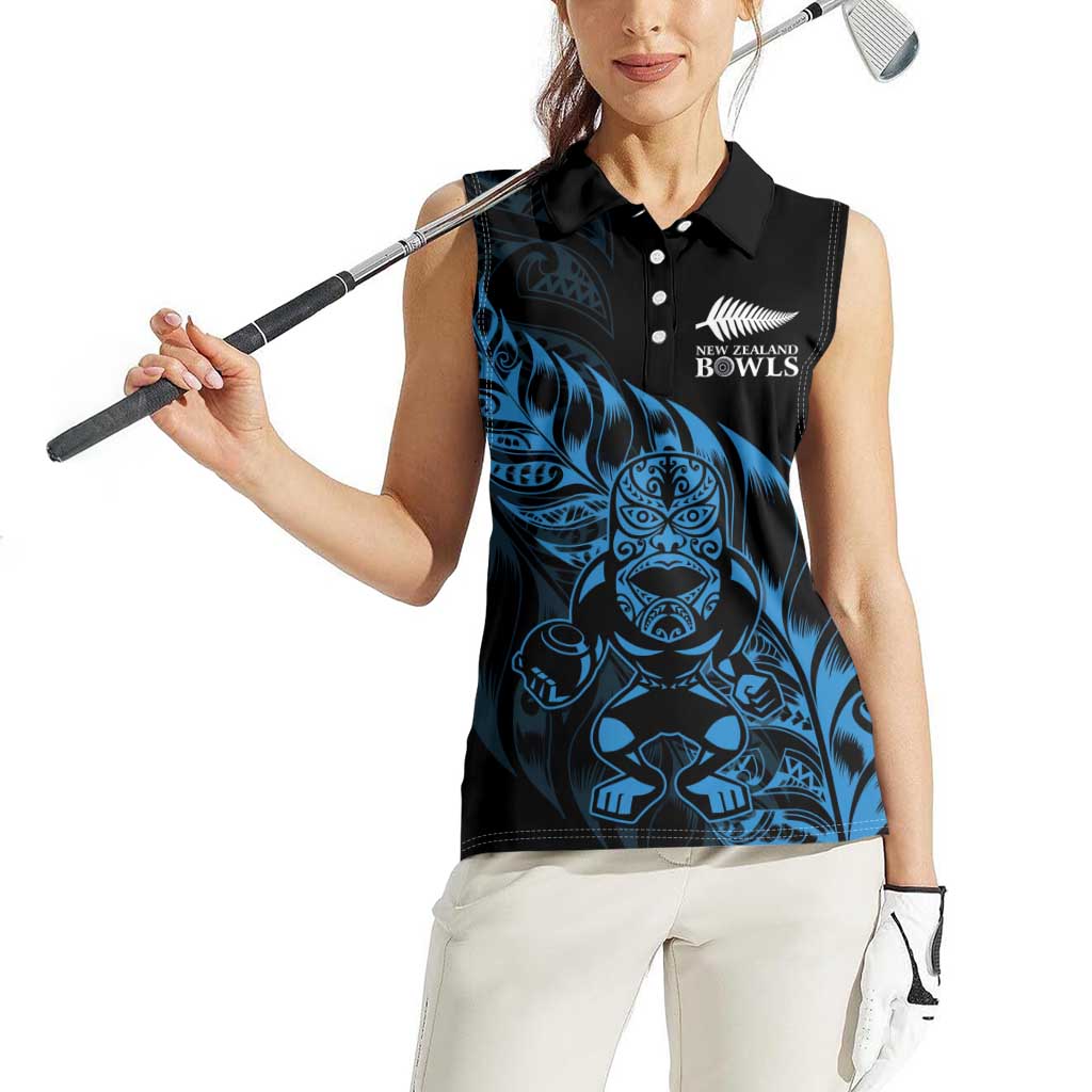 New Zealand Lawn Bowls Custom Women Sleeveless Polo Shirt Blue Maori Warrior Tribal Silver Fern - Aussie Hoodie