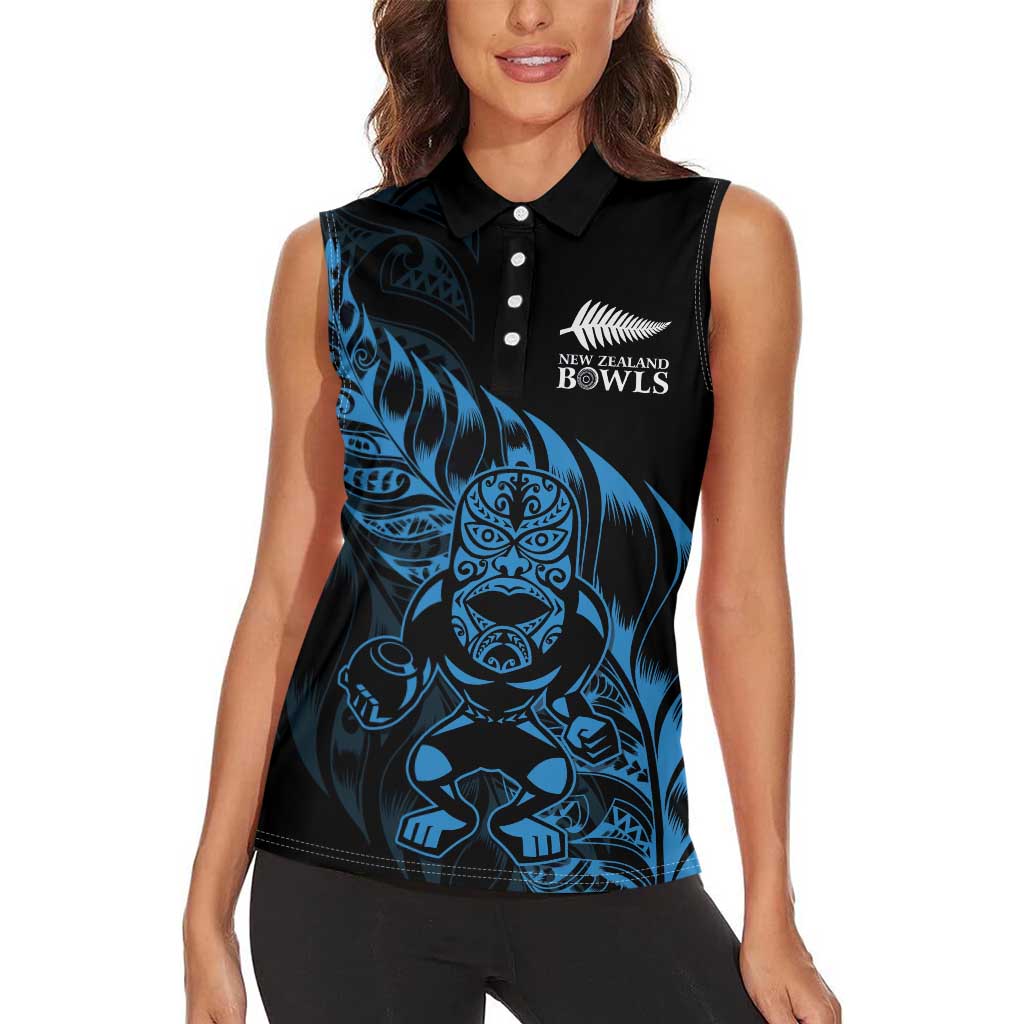 New Zealand Lawn Bowls Custom Women Sleeveless Polo Shirt Blue Maori Warrior Tribal Silver Fern - Aussie Hoodie