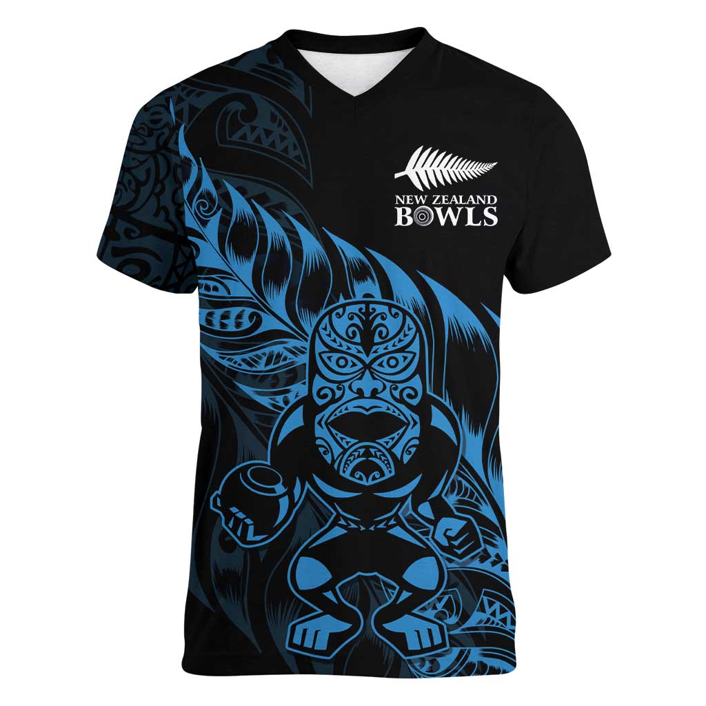 New Zealand Lawn Bowls Custom Women V-Neck T-Shirt Blue Maori Warrior Tribal Silver Fern - Aussie Hoodie