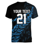 New Zealand Lawn Bowls Custom Women V-Neck T-Shirt Blue Maori Warrior Tribal Silver Fern - Aussie Hoodie