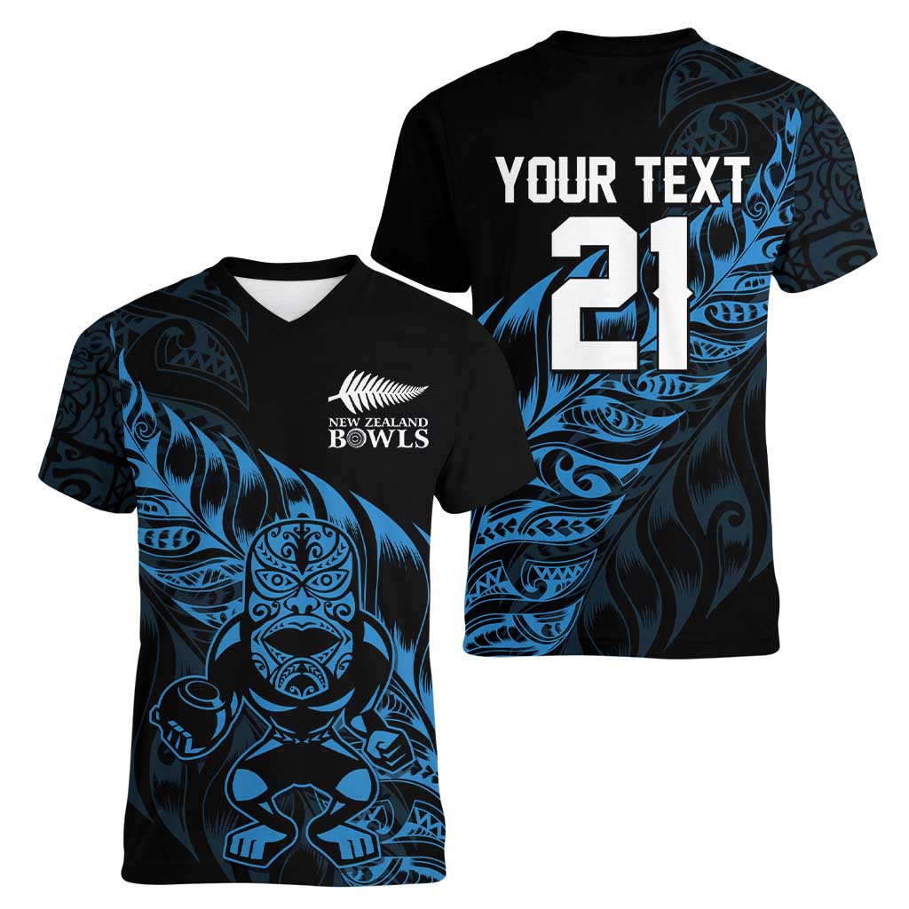 New Zealand Lawn Bowls Custom Women V-Neck T-Shirt Blue Maori Warrior Tribal Silver Fern - Aussie Hoodie