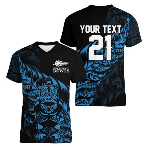 New Zealand Lawn Bowls Custom Women V-Neck T-Shirt Blue Maori Warrior Tribal Silver Fern - Aussie Hoodie