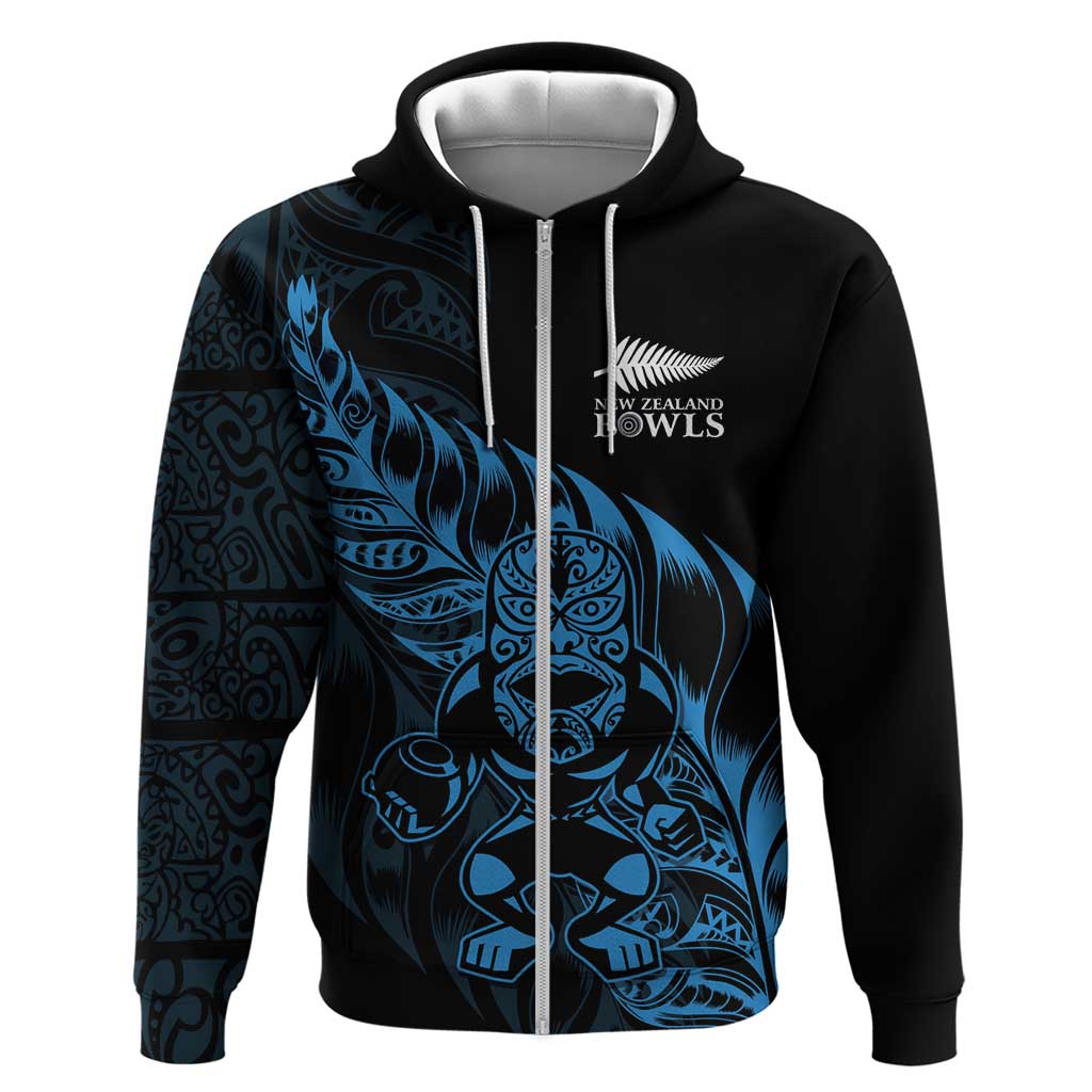 New Zealand Lawn Bowls Custom Zip Hoodie Blue Maori Warrior Tribal Silver Fern - Aussie Hoodie