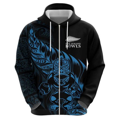 New Zealand Lawn Bowls Custom Zip Hoodie Blue Maori Warrior Tribal Silver Fern - Aussie Hoodie