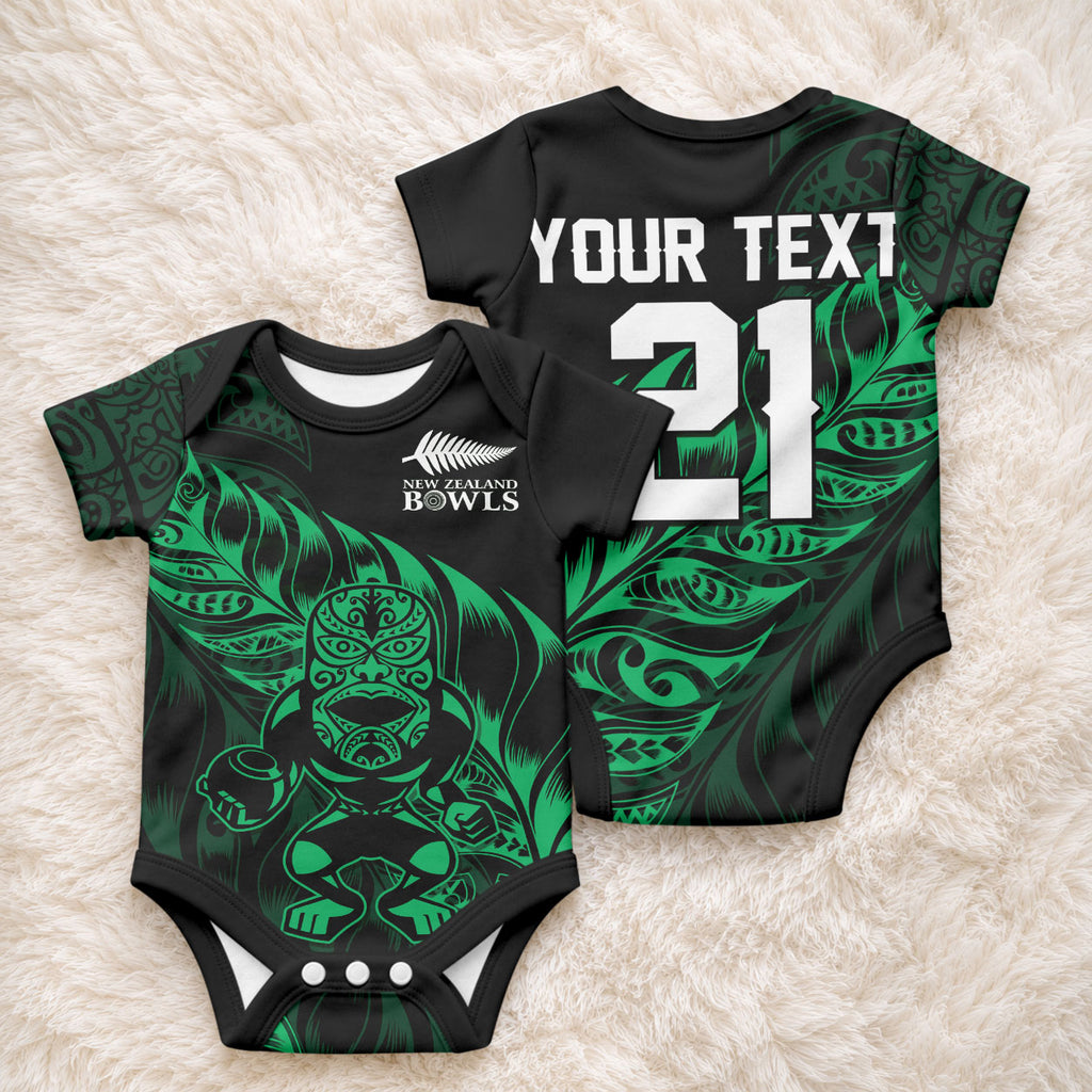 New Zealand Lawn Bowls Custom Baby Onesie Green Maori Warrior Tribal Silver Fern