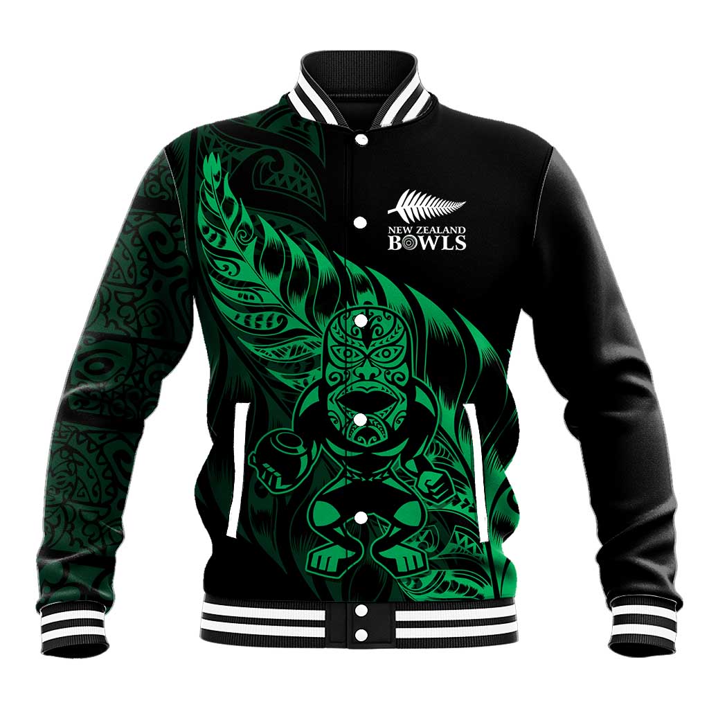 New Zealand Lawn Bowls Custom Baseball Jacket Green Maori Warrior Tribal Silver Fern - Aussie Hoodie