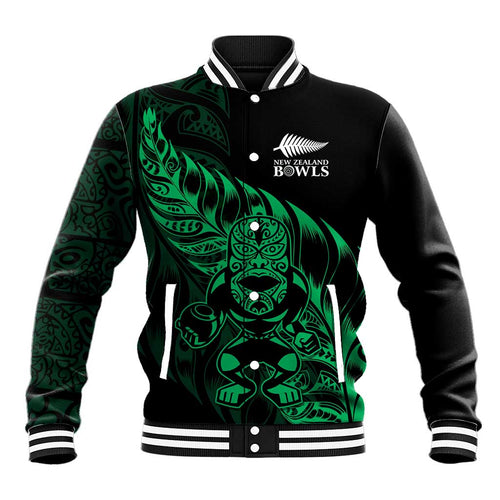 New Zealand Lawn Bowls Custom Baseball Jacket Green Maori Warrior Tribal Silver Fern - Aussie Hoodie