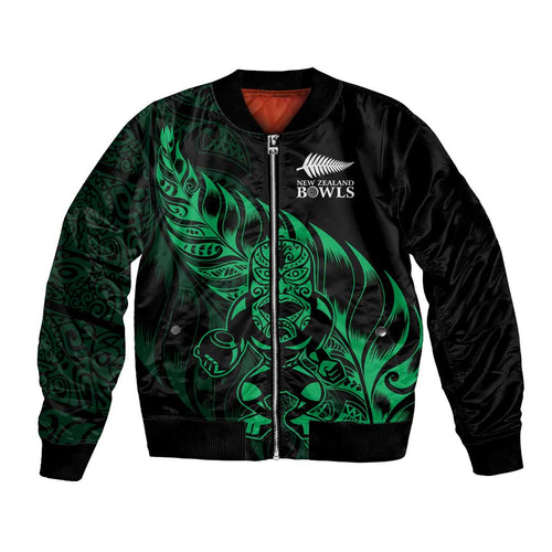 New Zealand Lawn Bowls Custom Bomber Jacket Green Maori Warrior Tribal Silver Fern - Aussie Hoodie