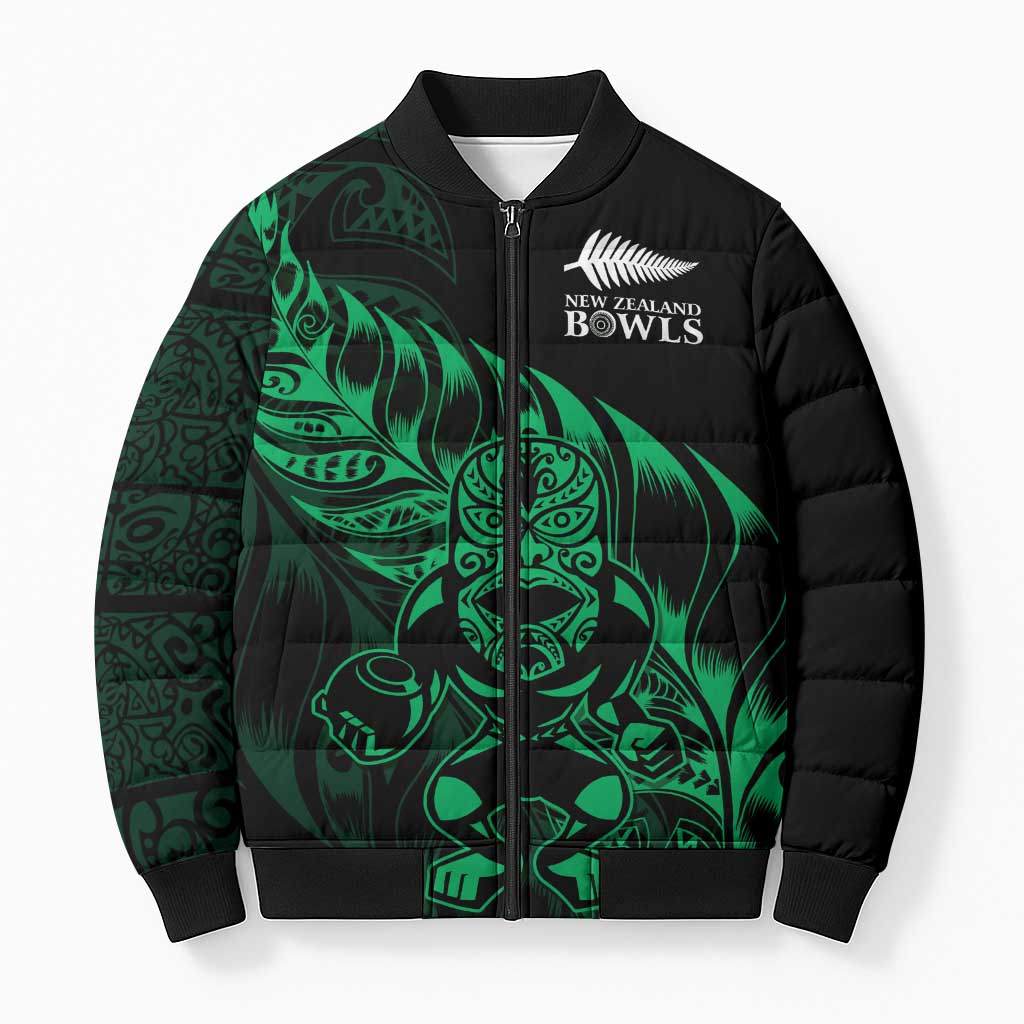 New Zealand Lawn Bowls Custom Bomber Puffer Jacket Green Maori Warrior Tribal Silver Fern - Aussie Hoodie