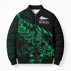 New Zealand Lawn Bowls Custom Bomber Puffer Jacket Green Maori Warrior Tribal Silver Fern - Aussie Hoodie