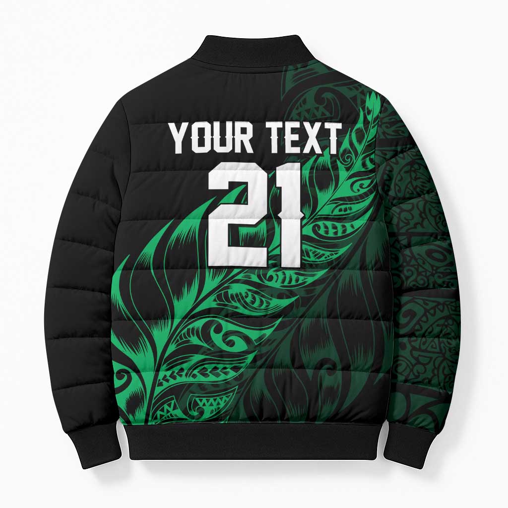 New Zealand Lawn Bowls Custom Bomber Puffer Jacket Green Maori Warrior Tribal Silver Fern - Aussie Hoodie