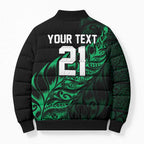 New Zealand Lawn Bowls Custom Bomber Puffer Jacket Green Maori Warrior Tribal Silver Fern - Aussie Hoodie