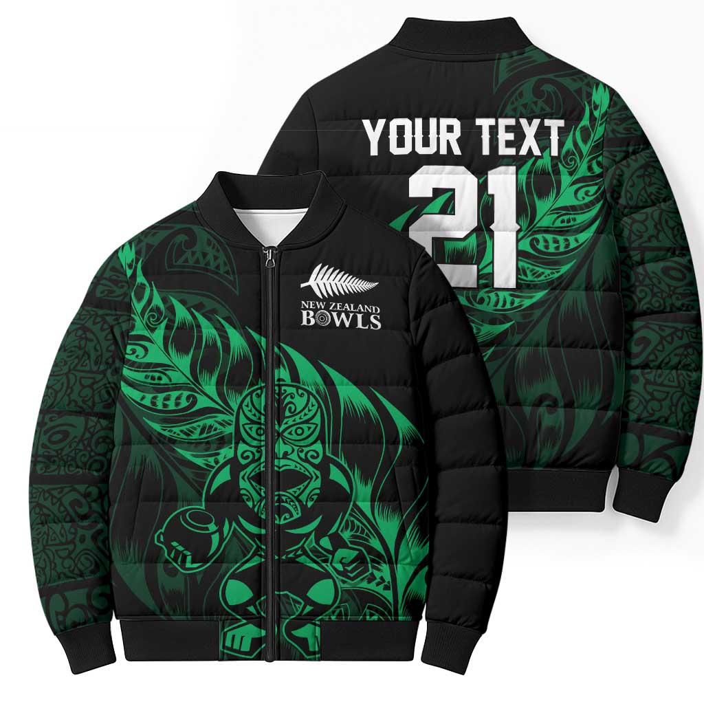 New Zealand Lawn Bowls Custom Bomber Puffer Jacket Green Maori Warrior Tribal Silver Fern - Aussie Hoodie
