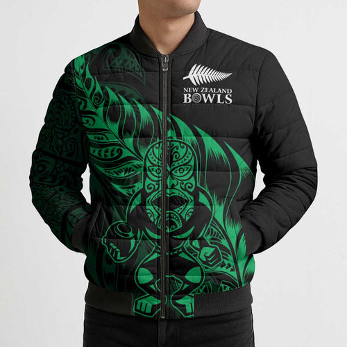 New Zealand Lawn Bowls Custom Bomber Puffer Jacket Green Maori Warrior Tribal Silver Fern - Aussie Hoodie