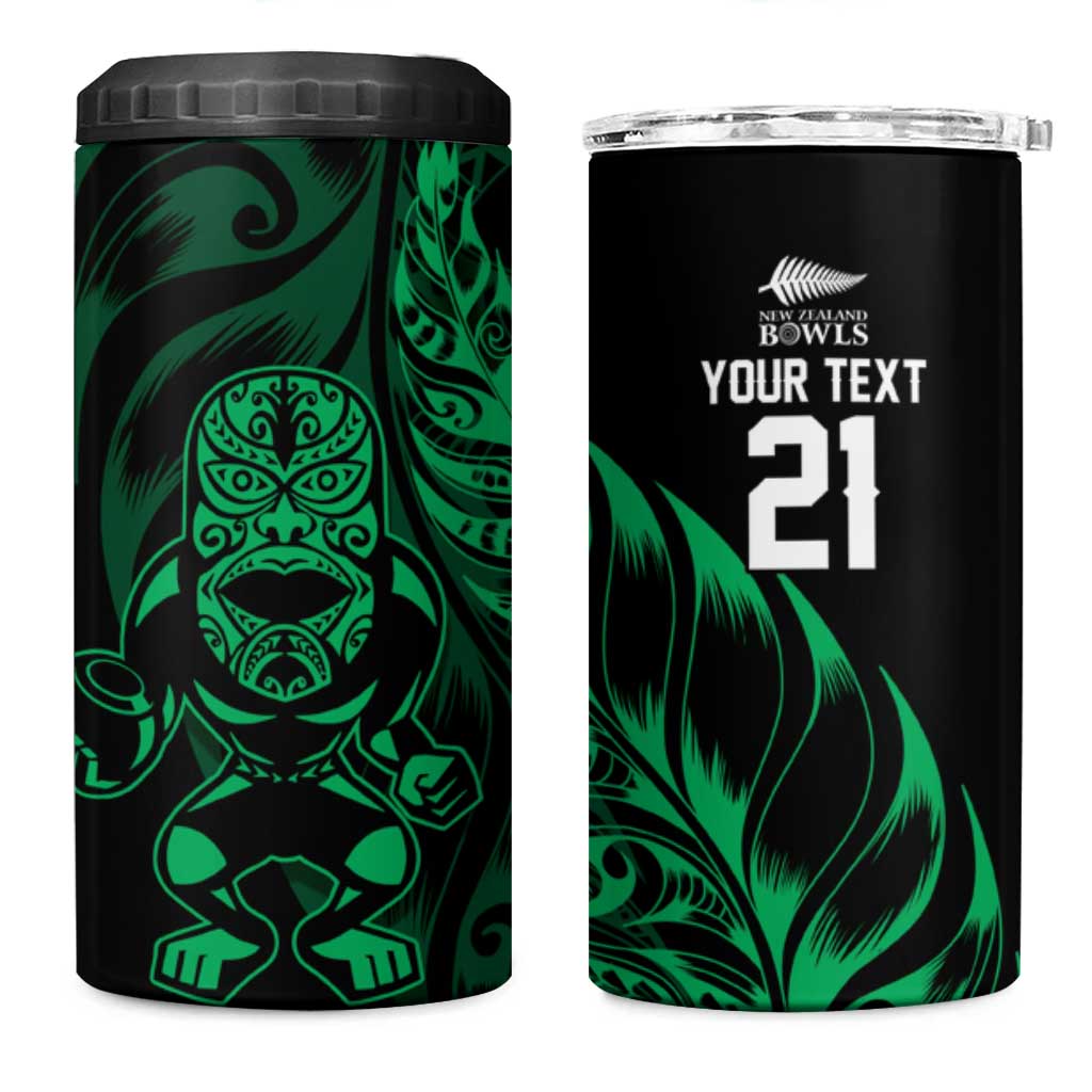 New Zealand Lawn Bowls Custom 4 in 1 Can Cooler Tumbler Green Maori Warrior Tribal Silver Fern - Aussie Hoodie