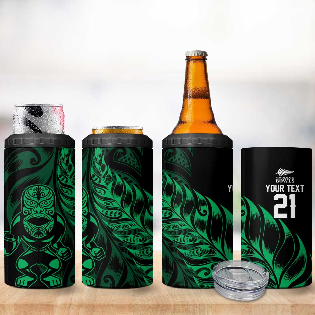 New Zealand Lawn Bowls Custom 4 in 1 Can Cooler Tumbler Green Maori Warrior Tribal Silver Fern - Aussie Hoodie