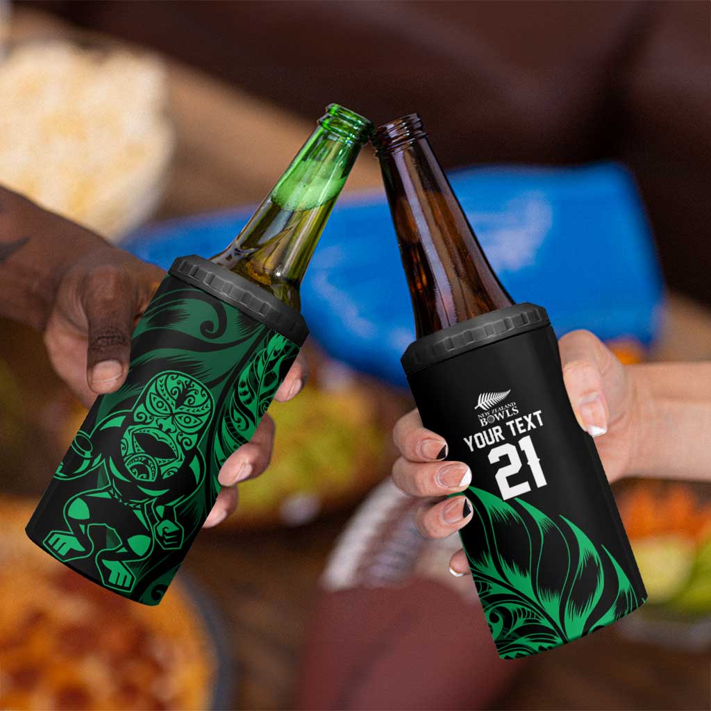 New Zealand Lawn Bowls Custom 4 in 1 Can Cooler Tumbler Green Maori Warrior Tribal Silver Fern - Aussie Hoodie