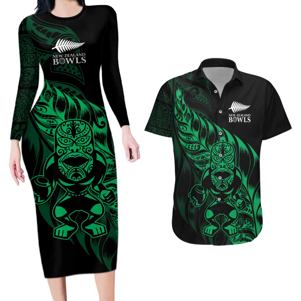 New Zealand Lawn Bowls Custom Couples Matching Long Sleeve Bodycon Dress and Hawaiian Shirt Green Maori Warrior Tribal Silver Fern - Aussie Hoodie