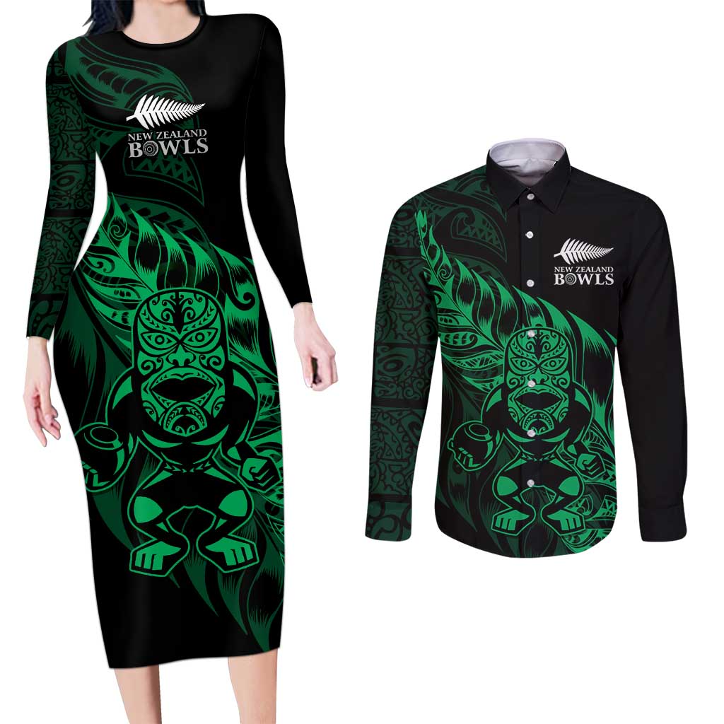 New Zealand Lawn Bowls Custom Couples Matching Long Sleeve Bodycon Dress and Long Sleeve Button Shirt Green Maori Warrior Tribal Silver Fern - Aussie Hoodie