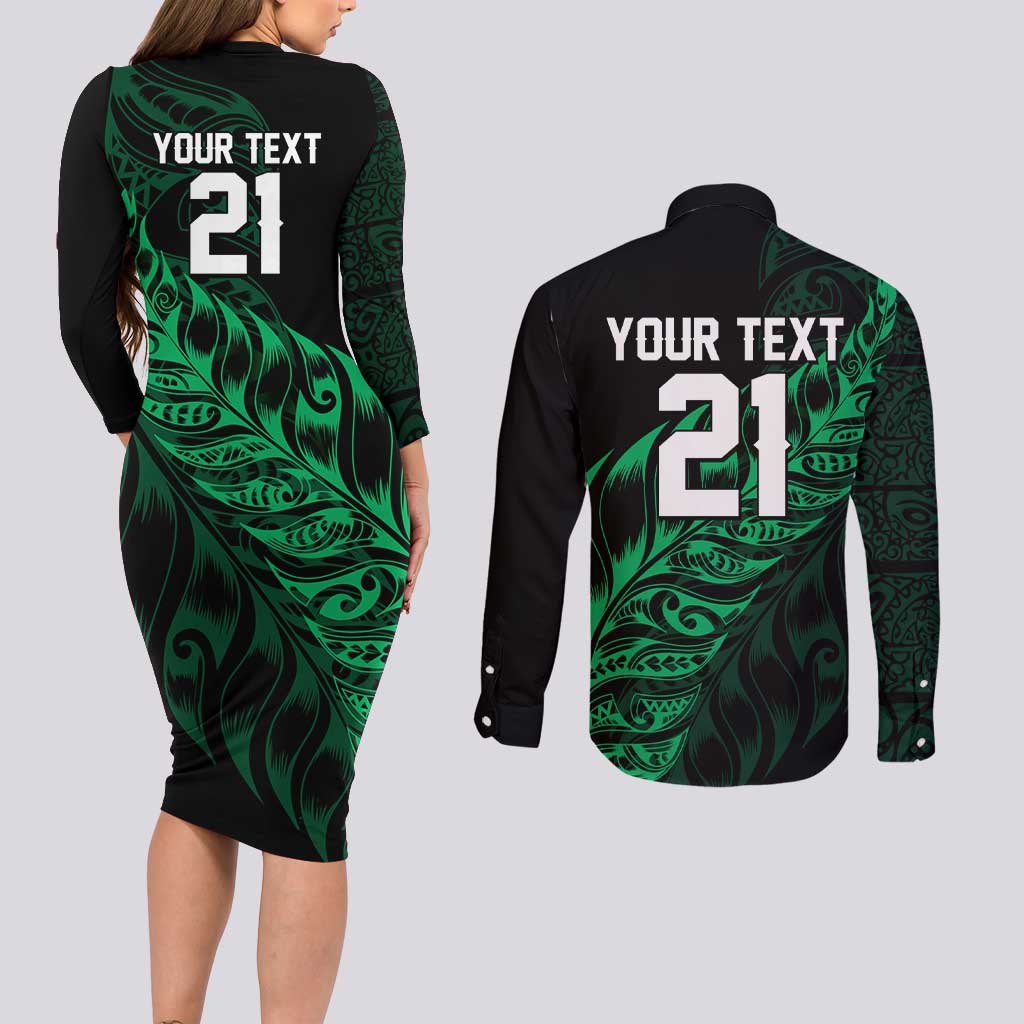 New Zealand Lawn Bowls Custom Couples Matching Long Sleeve Bodycon Dress and Long Sleeve Button Shirt Green Maori Warrior Tribal Silver Fern - Aussie Hoodie