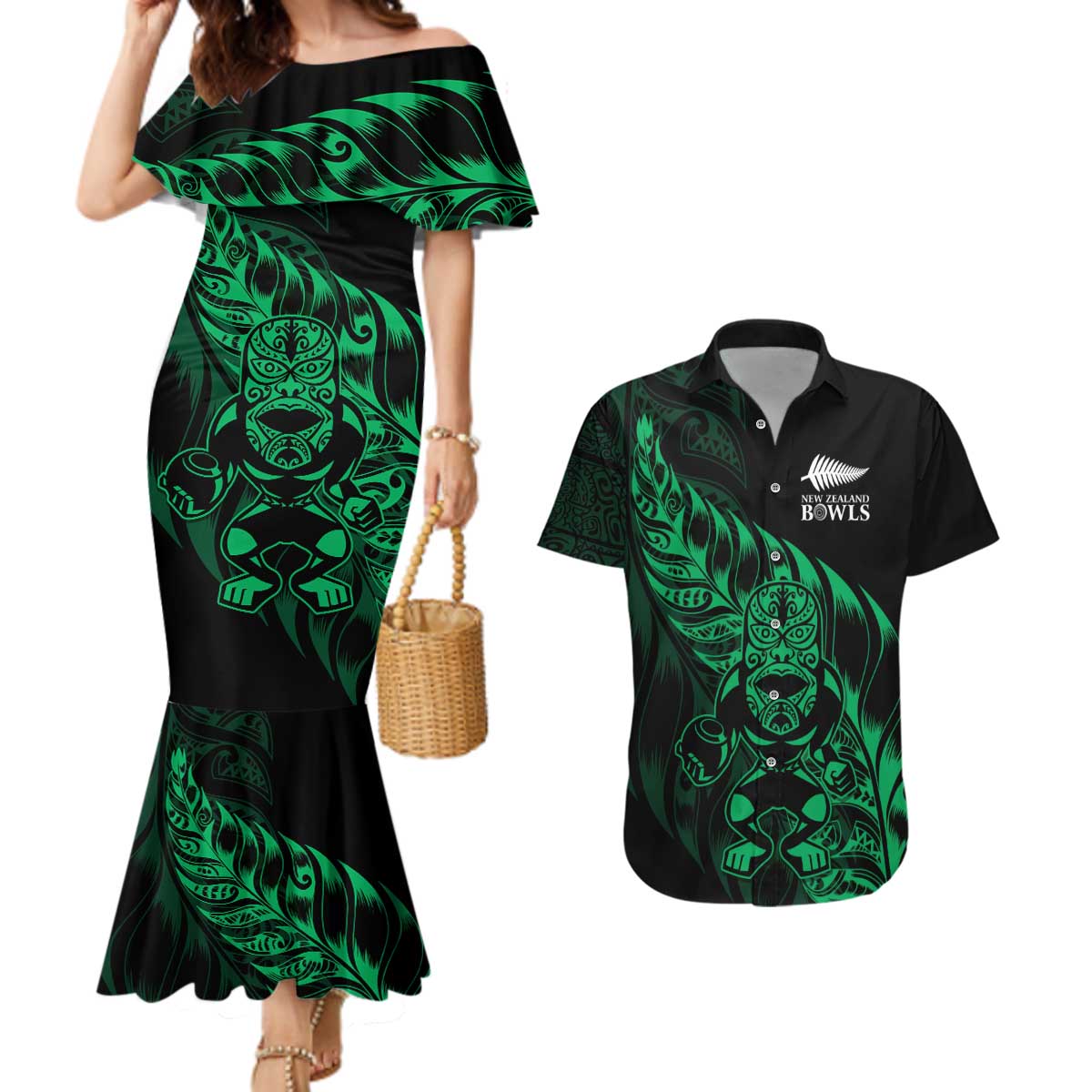 New Zealand Lawn Bowls Custom Couples Matching Mermaid Dress and Hawaiian Shirt Green Maori Warrior Tribal Silver Fern - Aussie Hoodie