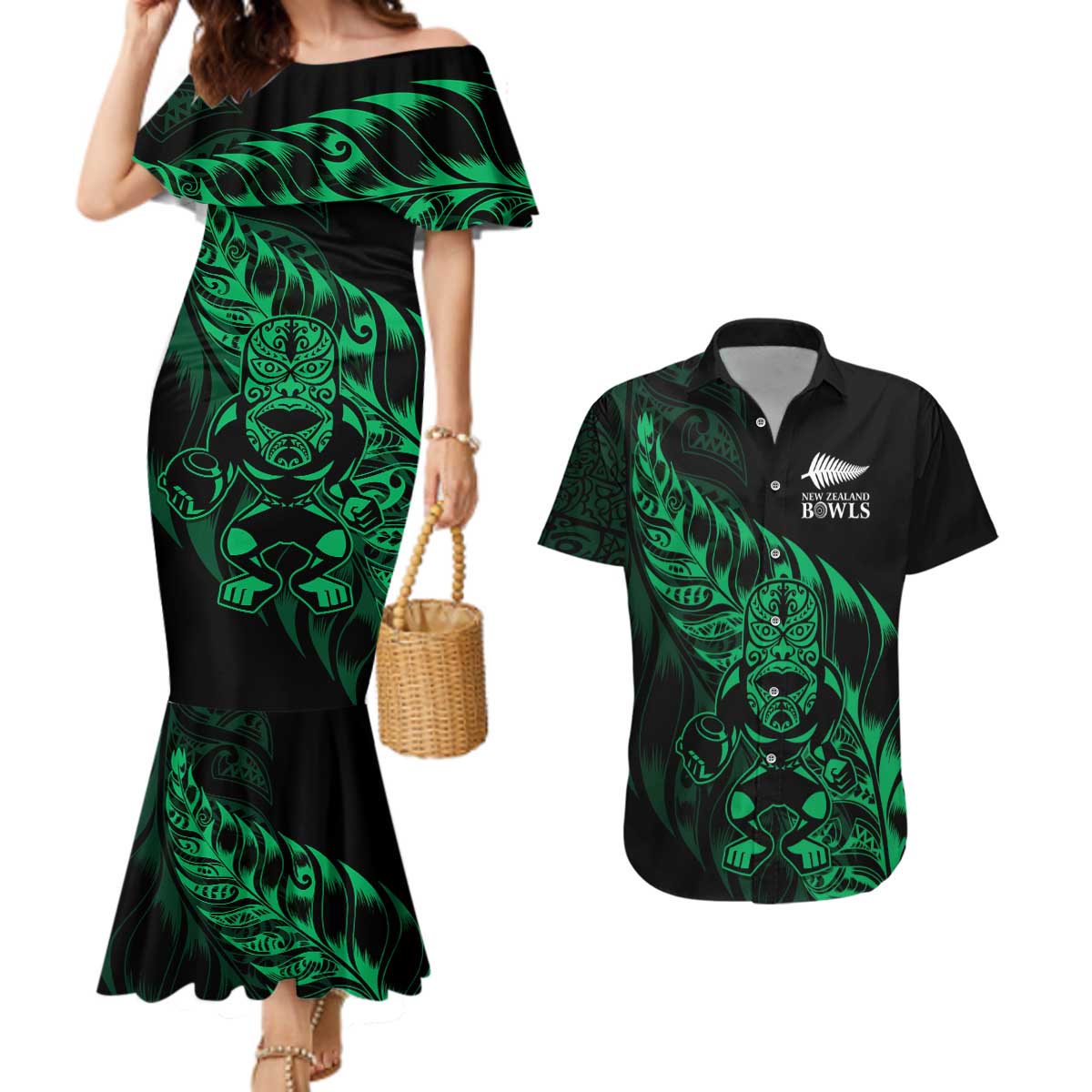 New Zealand Lawn Bowls Custom Couples Matching Mermaid Dress and Hawaiian Shirt Green Maori Warrior Tribal Silver Fern - Aussie Hoodie