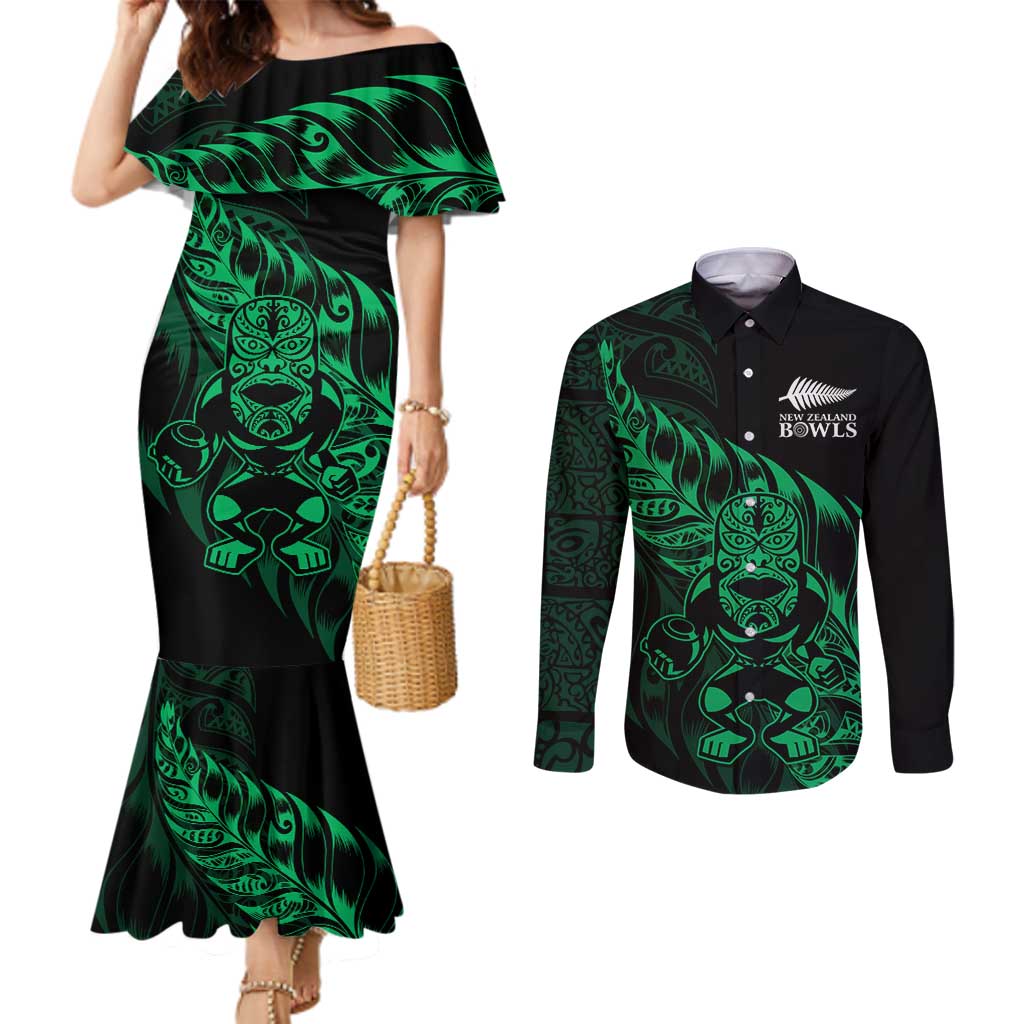 New Zealand Lawn Bowls Custom Couples Matching Mermaid Dress and Long Sleeve Button Shirt Green Maori Warrior Tribal Silver Fern - Aussie Hoodie