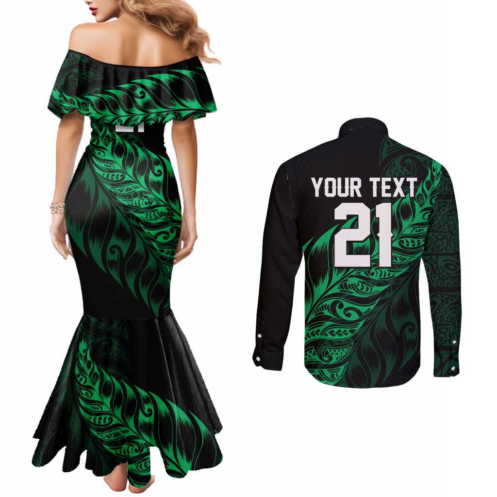New Zealand Lawn Bowls Custom Couples Matching Mermaid Dress and Long Sleeve Button Shirt Green Maori Warrior Tribal Silver Fern - Aussie Hoodie