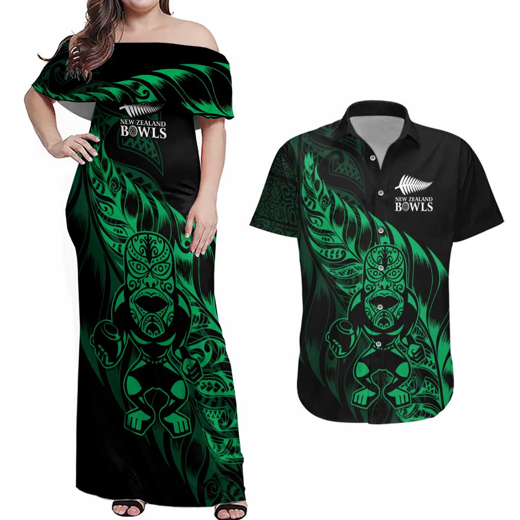 New Zealand Lawn Bowls Custom Couples Matching Off Shoulder Maxi Dress and Hawaiian Shirt Green Maori Warrior Tribal Silver Fern - Aussie Hoodie