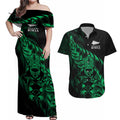 New Zealand Lawn Bowls Custom Couples Matching Off Shoulder Maxi Dress and Hawaiian Shirt Green Maori Warrior Tribal Silver Fern - Aussie Hoodie
