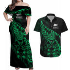 New Zealand Lawn Bowls Custom Couples Matching Off Shoulder Maxi Dress and Hawaiian Shirt Green Maori Warrior Tribal Silver Fern - Aussie Hoodie
