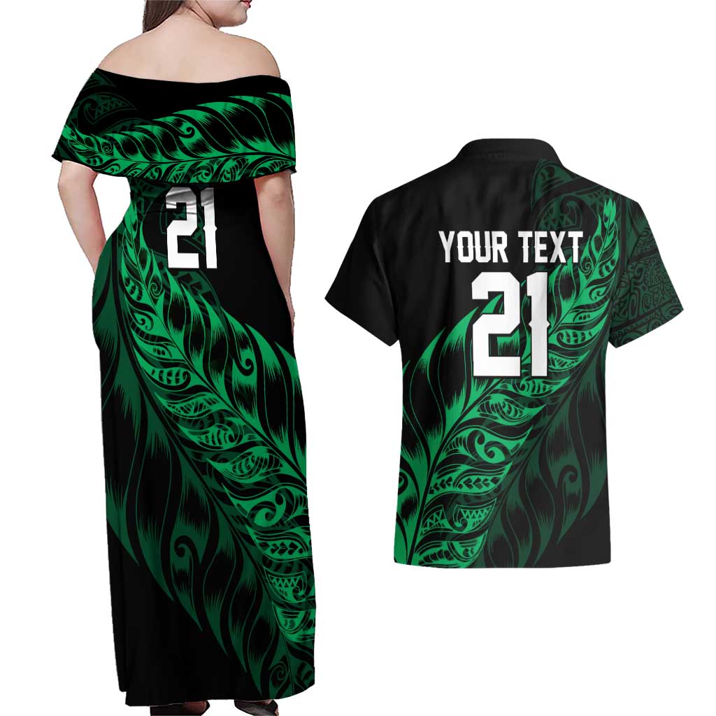 New Zealand Lawn Bowls Custom Couples Matching Off Shoulder Maxi Dress and Hawaiian Shirt Green Maori Warrior Tribal Silver Fern - Aussie Hoodie