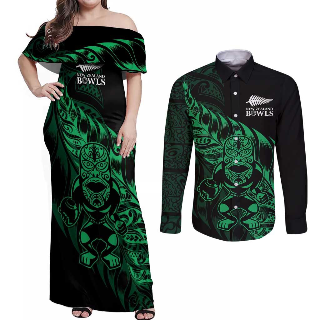 New Zealand Lawn Bowls Custom Couples Matching Off Shoulder Maxi Dress and Long Sleeve Button Shirt Green Maori Warrior Tribal Silver Fern - Aussie Hoodie