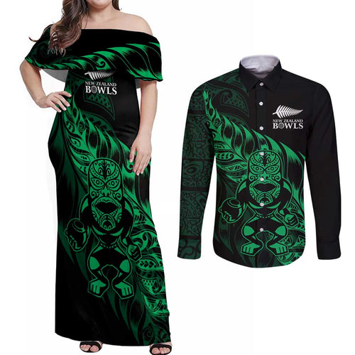 New Zealand Lawn Bowls Custom Couples Matching Off Shoulder Maxi Dress and Long Sleeve Button Shirt Green Maori Warrior Tribal Silver Fern - Aussie Hoodie