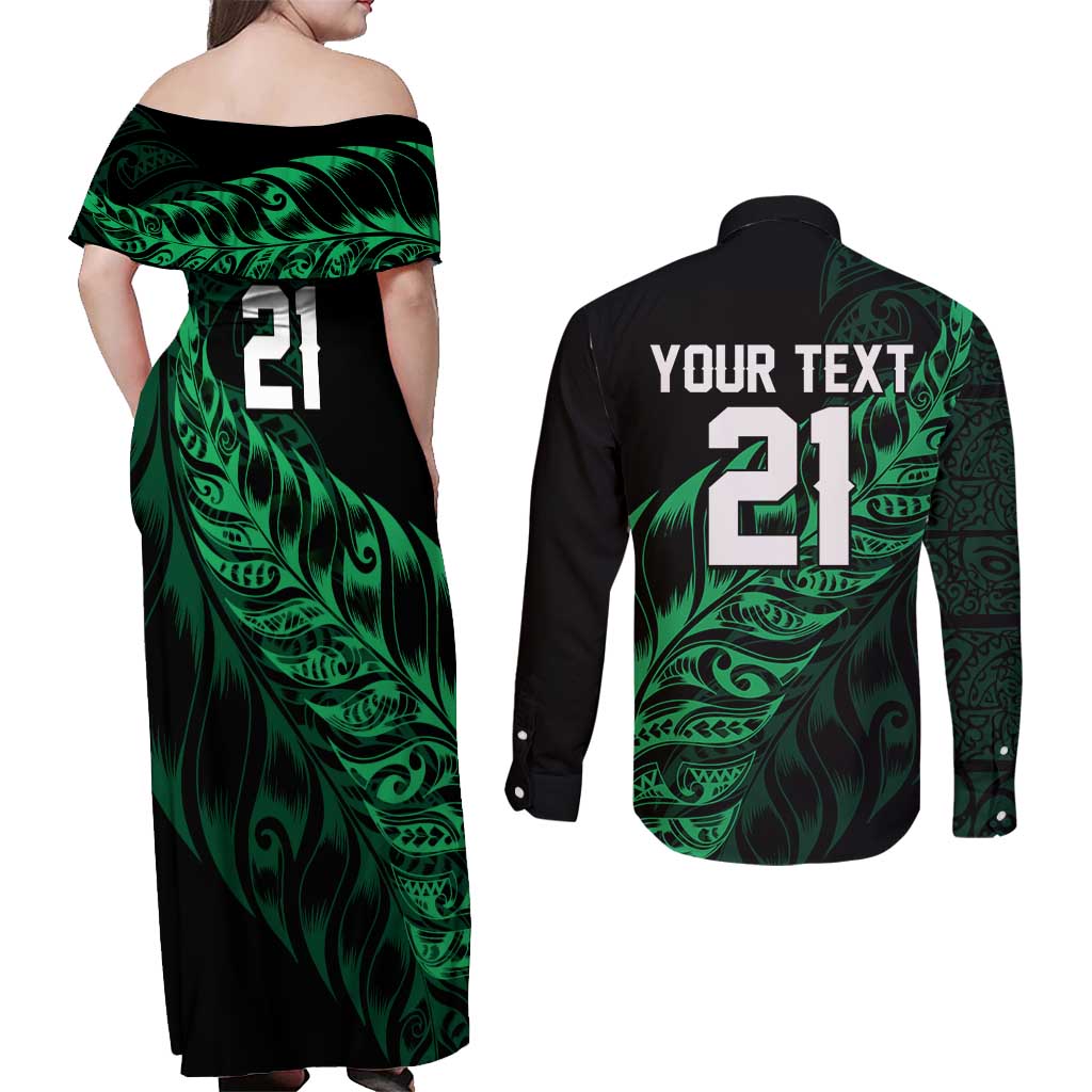 New Zealand Lawn Bowls Custom Couples Matching Off Shoulder Maxi Dress and Long Sleeve Button Shirt Green Maori Warrior Tribal Silver Fern - Aussie Hoodie