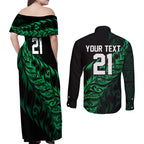 New Zealand Lawn Bowls Custom Couples Matching Off Shoulder Maxi Dress and Long Sleeve Button Shirt Green Maori Warrior Tribal Silver Fern - Aussie Hoodie