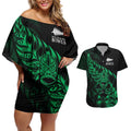 New Zealand Lawn Bowls Custom Couples Matching Off Shoulder Short Dress and Hawaiian Shirt Green Maori Warrior Tribal Silver Fern - Aussie Hoodie
