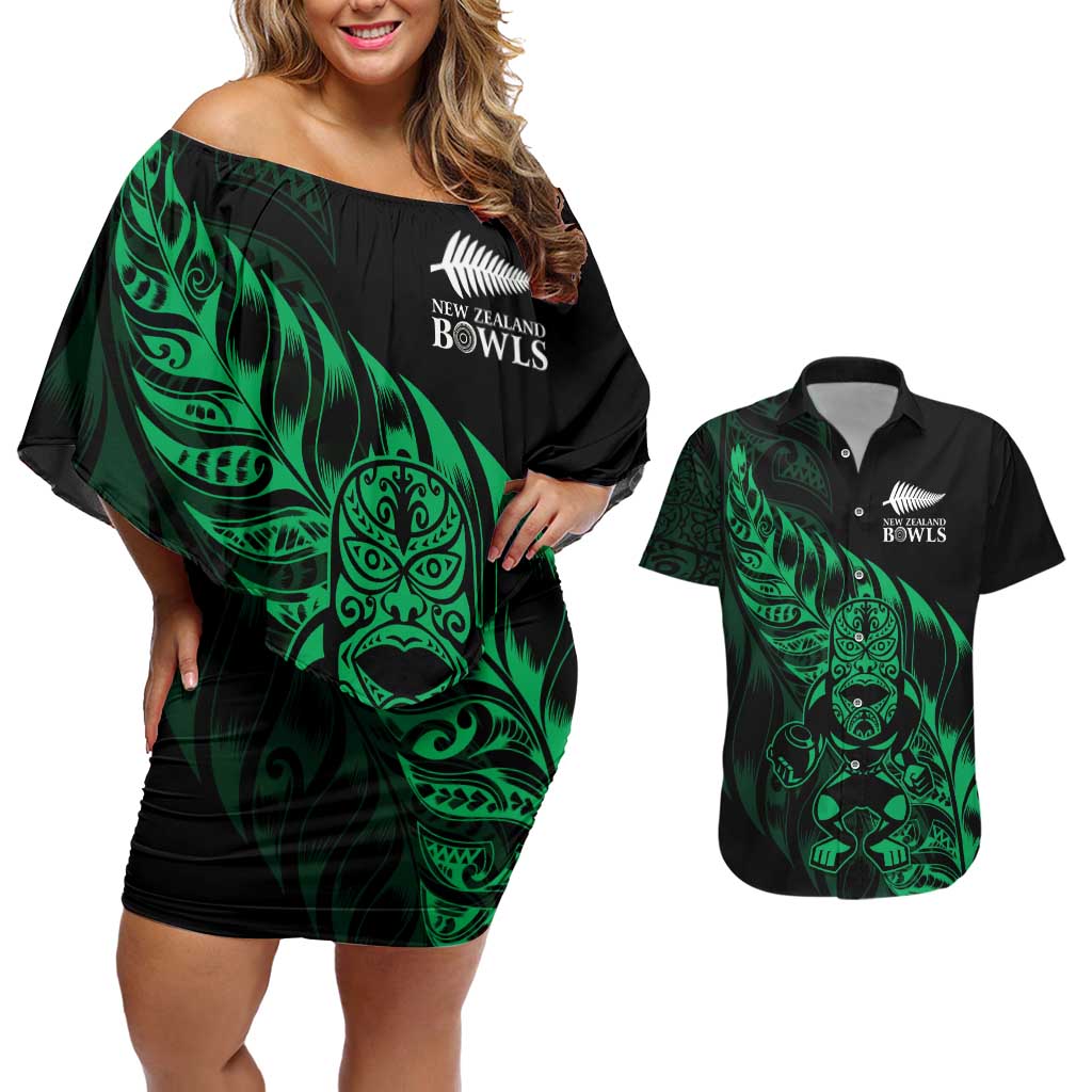 New Zealand Lawn Bowls Custom Couples Matching Off Shoulder Short Dress and Hawaiian Shirt Green Maori Warrior Tribal Silver Fern - Aussie Hoodie